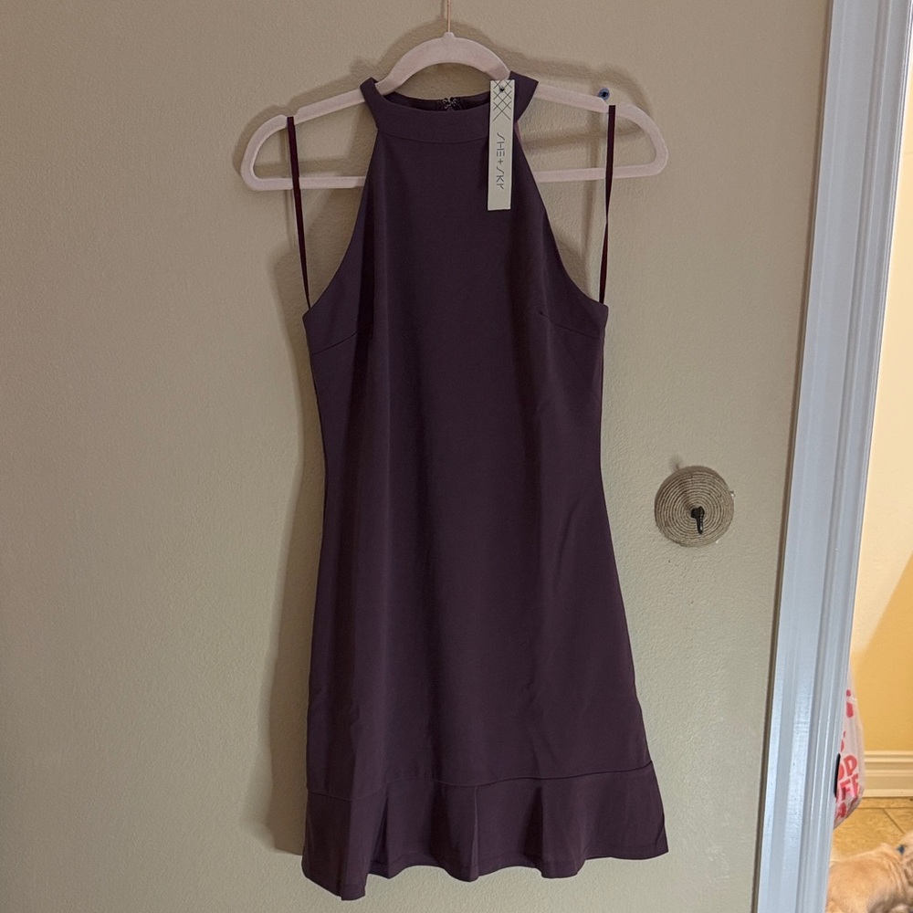She + Sky Deep Purple Halter Mini Dress